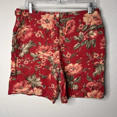 Pantalones Cortos Vintage Lauren Ralph Lauren Lino Talla 12 Rojo Floral Estilo Años 90 Usados en Excelente Condición Foto 1 de 4