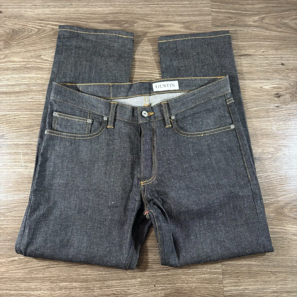 Pantalones de mezclilla ajustados Gustin #388 Italia ribete 34x29 botón mosca hechos en EE. UU. elásticos Foto 1 de 4
