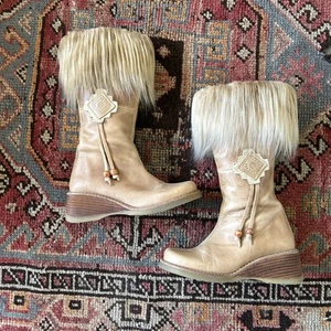 DESTROY Vintage Y2K Plateau Keilabsatz Chunky Tall hellbraun Stiefel Damen Fell Reißverschluss 37 - Bild 1 von 15