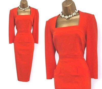 Karen Millen Orange Red Crepe Square Neck Pencil Dress UK 10 RRP £225 - Image 1 of 4
