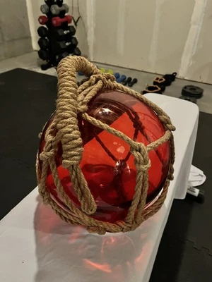 Large 8" Diameter Nautical Fishing Float Red Glass with Buoy Rope - Image 1 of 3