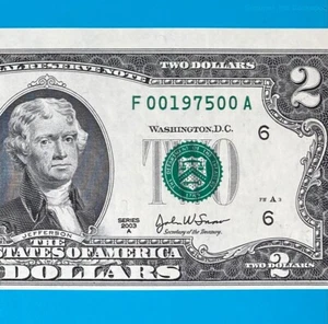 Year 1975 : 50th Anniversary (F 00197500 A) $2 Two Dollar Bill 2003A Series*UNC* - Picture 1 of 4