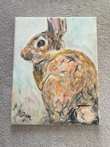 Bunny Rabbit Cotton Tail Painting, Farmhouse Country, Original Oil by Gretchen - Picture 1 of 4