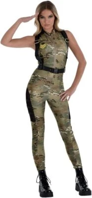 Soldier Catsuit Camo Army Girl Suit Yourself Fancy Dress Halloween Adult Costume - Image 1 of 2