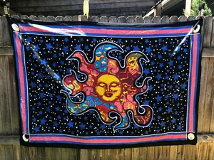 Sun and Moon Burning Sun Stars Psychedelic Black Colorful Mystic Tapestry - Picture 1 of 12
