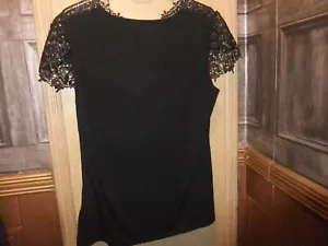 Ladies Klass black T-Shirt has pretty Lace Effect Neck Line & On Sleeves size L - Picture 1 of 13
