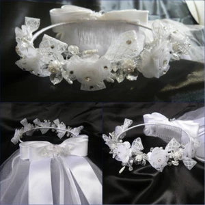 Girls Communion Wedding Bridal Handmade White Veil Flower Girl Wreath Headpiece - Picture 1 of 22
