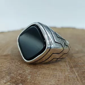 Black Onyx Signet Mens Ring For Him Biker Ring Sterling Silver Square Onyx Ring - Picture 1 of 7