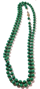Vintage Carved Rose and Brass Green Beaded Necklace 54" - Picture 1 of 5