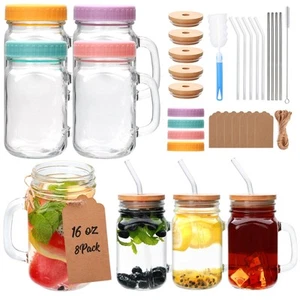 16 oz Mason Jar Cups with Handle,Mason Jar Cups with Lids and Straws,Set incl... - Picture 1 of 8