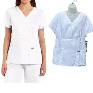 GREY'S ANATOMY Barco Womens Sz XL White 3 Pocket Mock Wrap Style 4153 Scrub Top - Picture 1 of 8