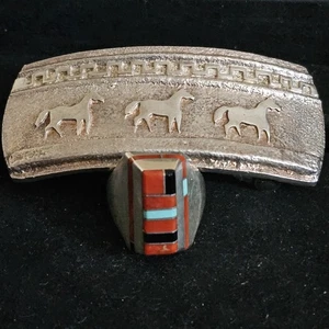 BEN NIGHTHORSE CAMPBELL STERLING SILVER INLAY RING AND BELT BUCKLE SET 95 GRAMS! - Picture 1 of 19