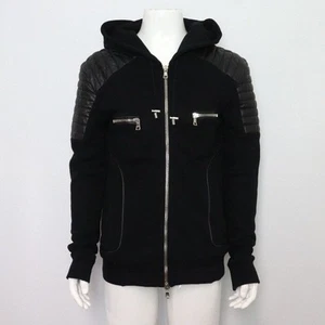 Balmain Black Leather Padded Men's Hooded Zip-Up Jacket W5HJ219D125 134334629 - Picture 1 of 6