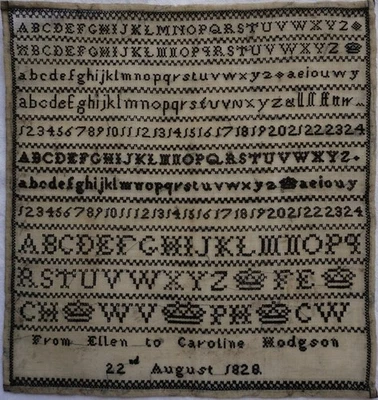 EARLY 19TH CENTURY "GIFT" SAMPLER FROM ELLEN TO CAROLINE HODGSON - 22nd Aug 1828 - Image 1 of 4