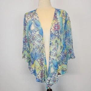 Southern Lady Floral Asymmetric Cardigan Blue Lightweight Chiffon Sheer Size PM - Picture 1 of 13