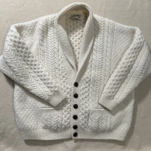 Carraig Donn Mens Sweater Large Ivory White Cable Knit Wool Made in Ireland Vtg - Picture 1 of 10