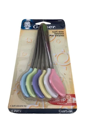 Vintage NEW SEALED 2004 Gerber Infant Spoons Silicone Soft Bite 6pack Pastel USA - Image 1 of 4