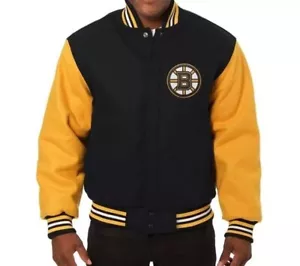 Letterman Boston Bruins Black and Yellow Varsity Jacket Real Leather Yellow NHL - Picture 1 of 4