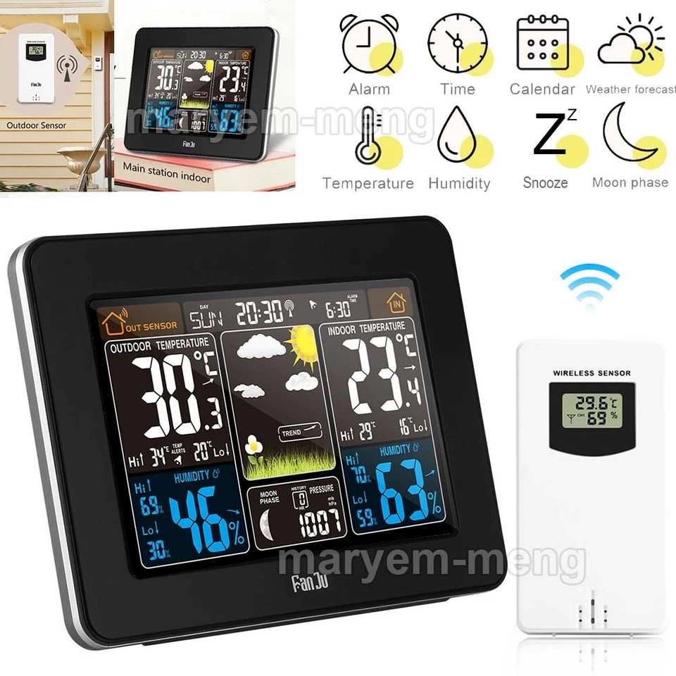 LCD Digital Wireless Weather Station Indoor Outdoor Thermometer Calendar Clock - Image 1 of 4