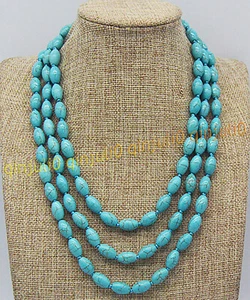 3 Rows 8x12mm Natural Blue Turquoise Round Rice Beads Gems Necklaces 17-19'' - Picture 1 of 5