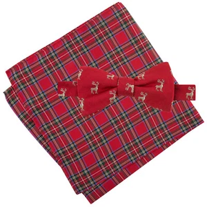 TOMMY HILFIGER Red Reindeer Self Bow Tie Royal Stewart Tartan Pocket Square Set - Picture 1 of 3