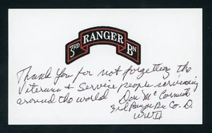 Tarjeta 3x5 firmada por Donald McCormick DEC WWII Co. D, 3rd Ranger Bn., 5th Army E27818 - Imagen 1 de 1