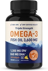 🧠 MAV Nutrition Omega-3 Fish Oil 3600mg | High DHA 864mg & EPA 1296mg | Brain, - Picture 1 of 5