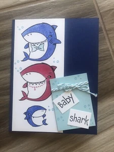 Juego de 4 tarjetas estampadas arte tiburón frenzy bebé tiburón bebé niño baby shower - Imagen 1 de 2