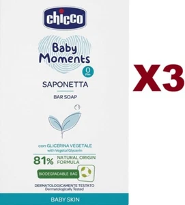 3 PZ CHICCO BABY MOMENTS SAPONETTA BAR SOAP CON GLICERINA VEGETALE 100G - Foto 1 di 2
