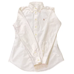 Ralph Lauren Shirt Womens XS White Custom Long Sleeve Small Brown Polo Pony Logo - Picture 1 of 4