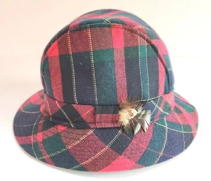 Avoca Tartan Plaid Bucket Hat Womens Small Vtg Handmade Pure New Wool W/ Feather - Picture 1 of 6