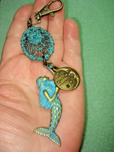 6" Drop Brass 2 Sided Mermaid, Lacey Coral & "I Love You ..." Key Ring Dangle - Picture 1 of 9