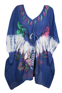 Boho Blue Deep Neck Short Kaftan Dress Printed Resort Wear Cover Up Caftan 3XL