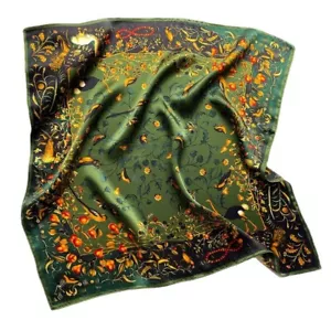 100% Mulberry Silk 20" Square Scarf Women neckerchief Wrap Birds Print Green - Picture 1 of 6