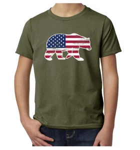 American Flag Bear, Kids 4th of July Shirts, Youth Graphic Tees - Picture 1 of 8