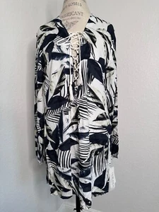 La Blanca Resortwear Womens Lace-Up Leaf Print Tunic Dress L Black & White NWOT - Picture 1 of 9