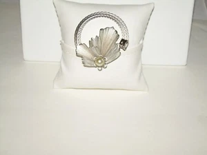 Silvertone Double Leaf Brooch With Faux Pearl  - Picture 1 of 12