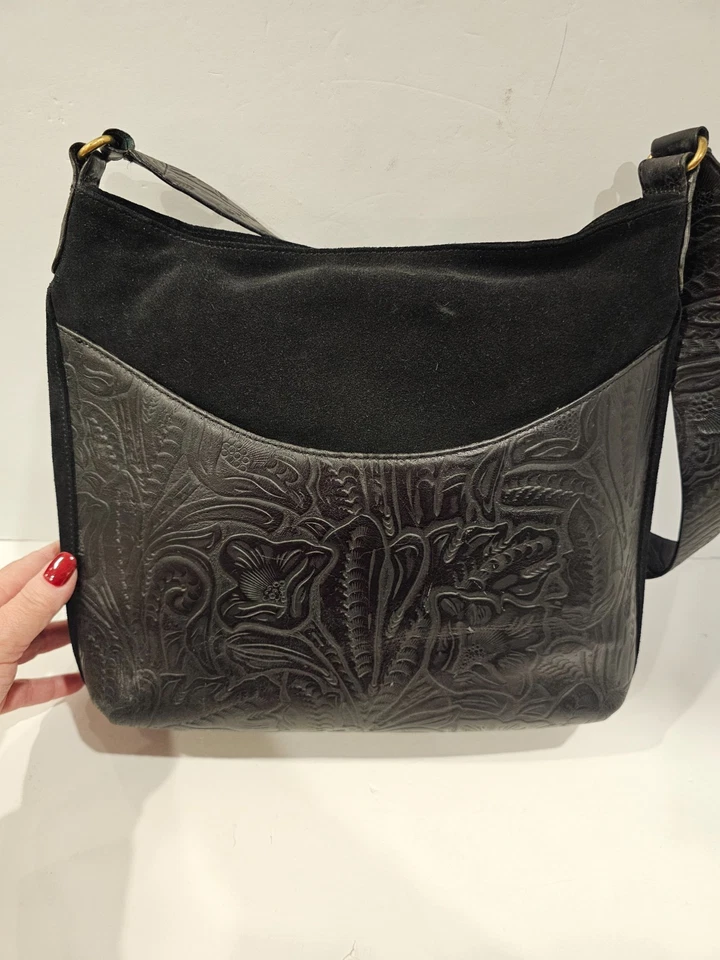 MAXX New York Floral Black Embossed Leather Purse Brown Plaid Lined STUNNING - Image 1 of 4