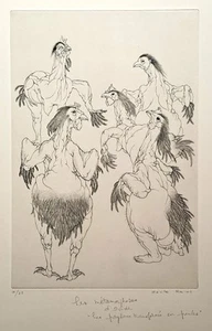 Cécile REIMS - Les payans transformés en poules. 1959 Gravure originale, signée. - Imagen 1 de 4