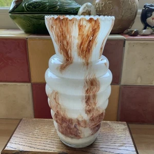 Vtg Art Deco Beehive Ribbed Glass Vase Milky Speckled Ruffled Rim Bohemian 7” T - Picture 1 of 10