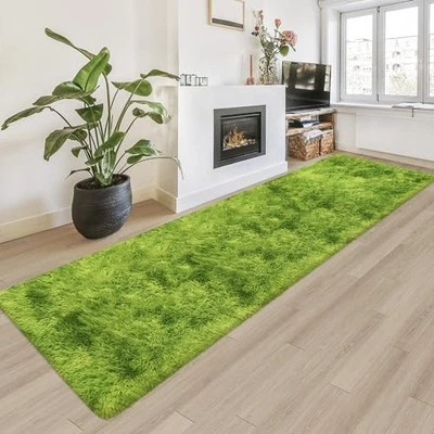 Alfombra de corredor teñida con corbata para dormitorio verde 2x8 pies alfombra mullida alfombra de cabecera alfombra de corredor  Foto 1 de 4