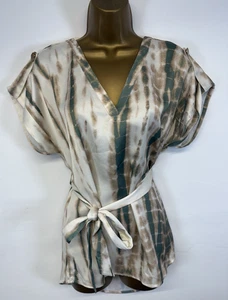 River Island Top Green Cream Tie Dye Belted Satin V Neck Cap Sleeve Blouse UK 12 - Picture 1 of 11