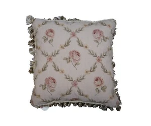 Down Filled Floral Crossed Roses Needlepoint Tassel Lumbar Throw Pillow 18" - Picture 1 of 11