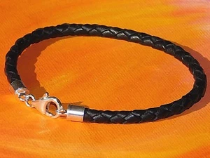 Mens /Ladies 4mm Black braided leather & sterling Silver bracelet - Lyme Bay Art - Picture 1 of 3