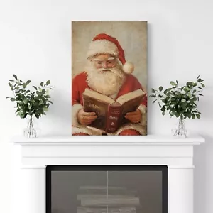 Santa Claus Wall Art Canvas Print Christmas Decor - Reading An Old Book - Picture 1 of 8