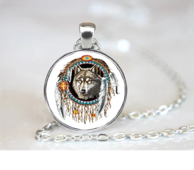 PLUMAS ATRAPASUEÑOS LOBO Colgante 20" Plata de Ley 925 Collar Mujer Hombre Foto 1 de 4