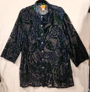 Ruby Rd. Velveted Sheer Over Blouse Blue/Green Floral 16w 3/4 Sleeve - Picture 1 of 6
