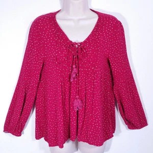 Billabong Women Sz Medium Top Blouse Pink Polka Dot Long Sleeve Front Tie Tassel - Picture 1 of 8