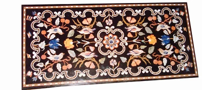 48" x 24" Pietradura Floral Handmade Inlay Work Black Marble Center Table Top - Image 1 of 3
