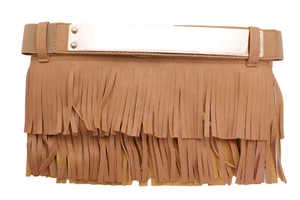 Women Beige Brown Black Faux Leather Mini Skirt Tie Fringes Belt Gold Metal S M - Picture 1 of 36
